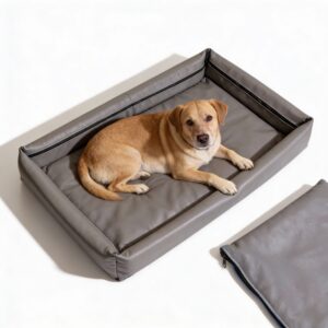 Nowoczesne posłanie dla psa typ kanapa w obiciu z ekoskóry siwej